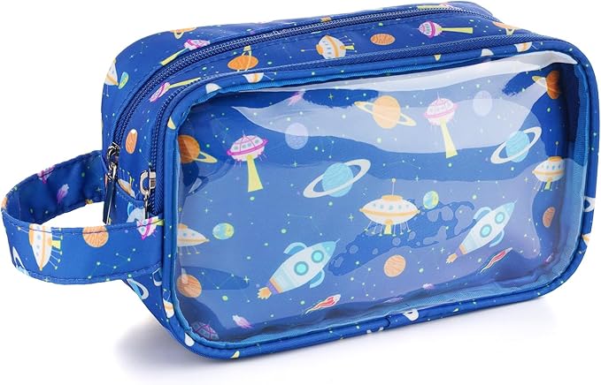 Space Kids Toiletry Bag for Boys, Travel Clear Toiletry Bag for Little Young Boys Waterproof Hanging Wash Bag Toddler Traveling Toiletries, Navy Blue