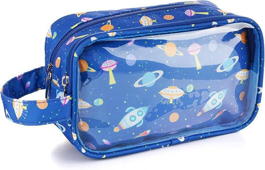 Space Kids Toiletry Bag for Boys, Travel Clear Toiletry Bag for Little Young Boys Waterproof Hanging Wash Bag Toddler Traveling Toiletries, Navy Blue