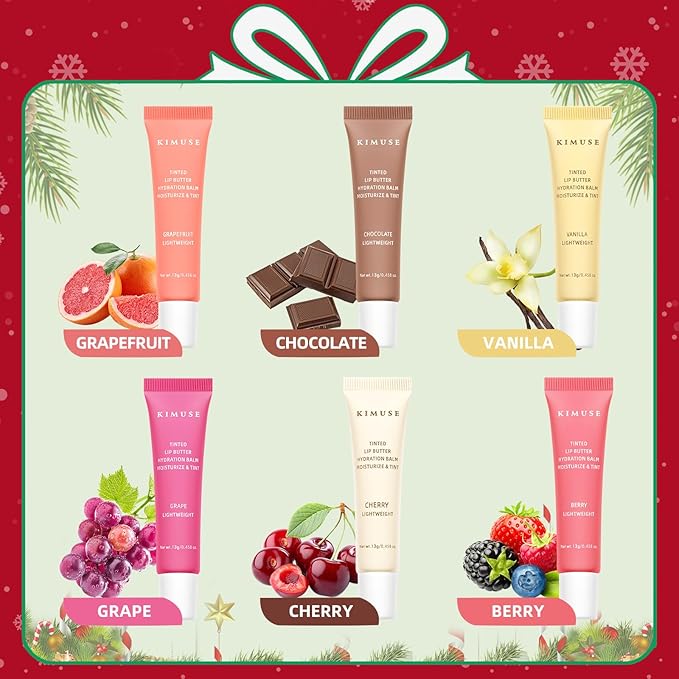 KIMUSE 6 Pcs Tinted Lip Butter Hydration Balm Set, 6 Flavored Shades Hydrating Plumping Gloss with Hyaluronic Acid & Vitamin E, Sheer Tint, Non-Sticky | Vegan Lip Care Makeup for Dry Lips & Daily