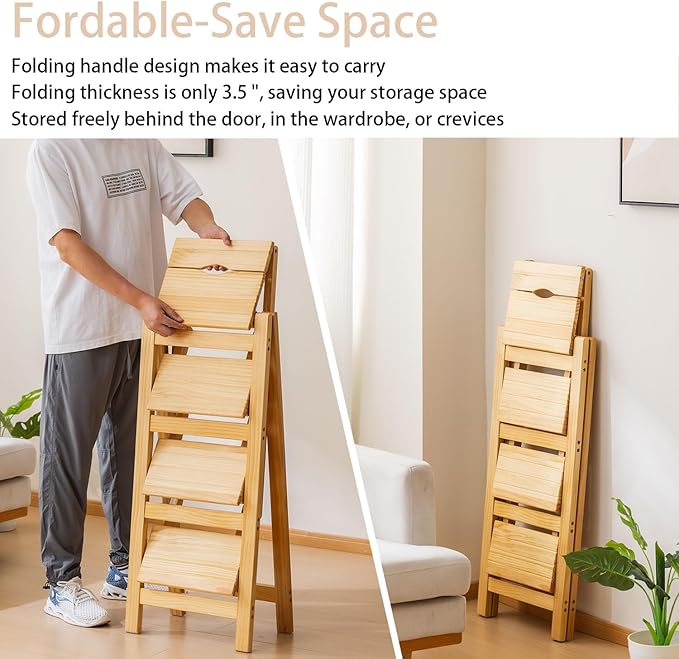 Latifolia Foldable 4 Step Ladder, Wooden Step Stool with Floor Saver, Decorative Ladder Shelf for Living Room, Kitchen, Garden(Nature)