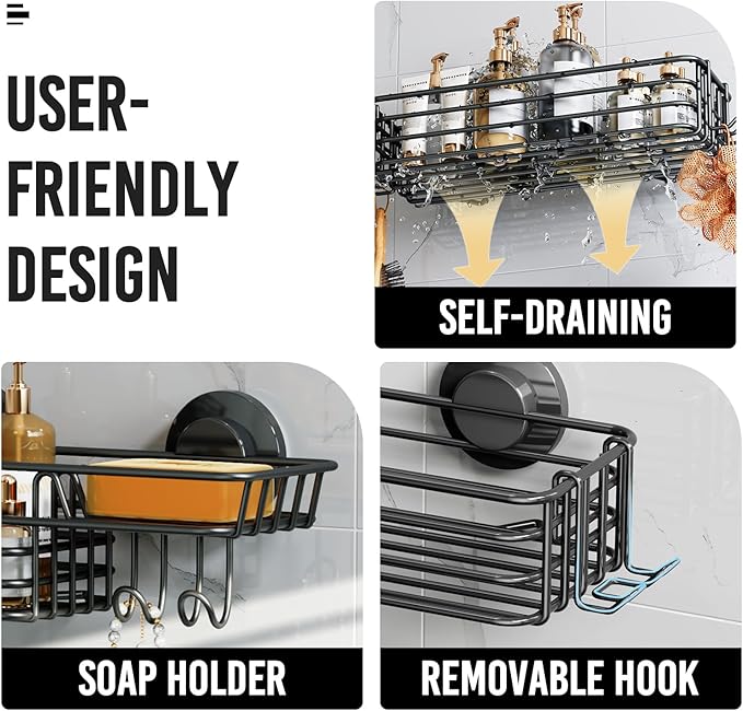 LEVERLOC Shower Caddy Suction Cup, 2 Pack Shower Shelves for Inside Shower with Hooks & Soap Holder, NO-Drilling Bathroom Shower Organizer, Rustproof Meatl Shower Holder Storage, Black