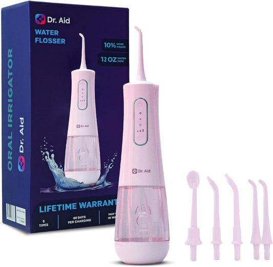 Dr. Aid Dental Water Flosser – Portable Oral Irrigator – 12Oz Tank, Water Filter, 5 Tips, Type C Charger – IPX8 Waterproof Cordless Water Flosser, Ideal Water Flossers for Teeth, Gums, Braces (Pink)