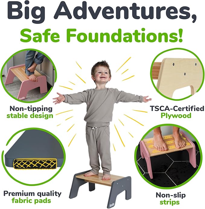 OCODILE 1-Step Wooden Step Stool for Toddlers | Kids Step Stool for Bathroom Sink, Kitchen, and Potty Training | Non-Slip Stool for Toilet Independence | Wooden Step for Children Ages 2+ Pink