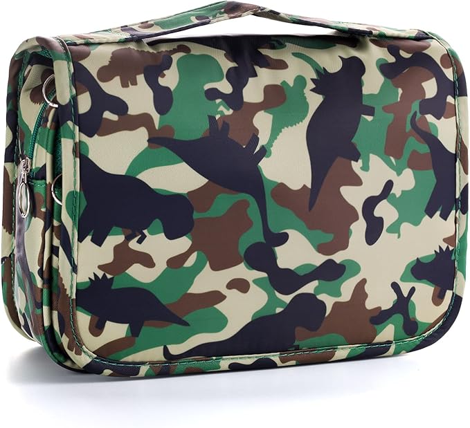 Kids Hanging Toiletry Bag for Boys, Travel Toiletry Bag for Little Young Boys Waterproof Wash Bag Toddler Traveling Toiletries, Dinosaur Camo