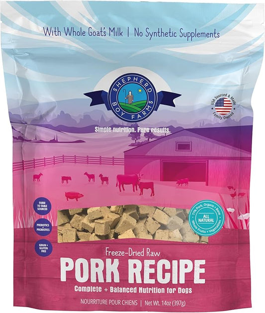 Shepherd Boy Farms Freeze Dried Raw Dog Food, Pork Recipe, All Natural, No Synthetics, Made in USA with Goat's Milk & Organic Produce, High Protein, Complete Meal (14oz)