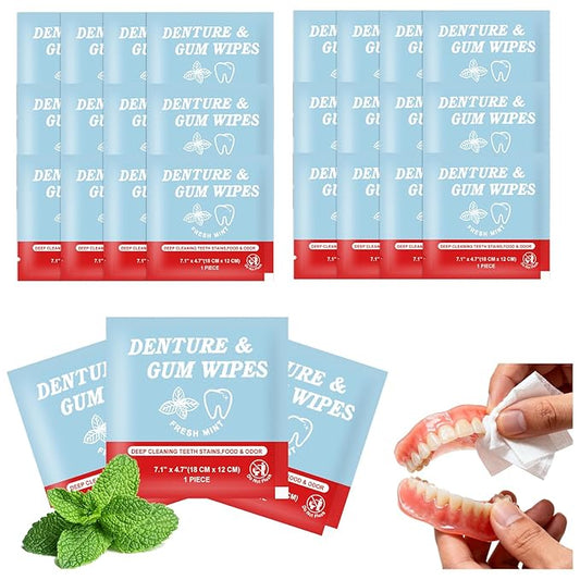 Denture Cleaner Wipes Disposable Teeth Gum Retainer Wipe Oral Care, Tooth Gums Cleaning Dental Dentures Tablets, Denture Adhesive Food Debris Braces Stain Odor Remover for Adults Elderly Mint 100 Pcs