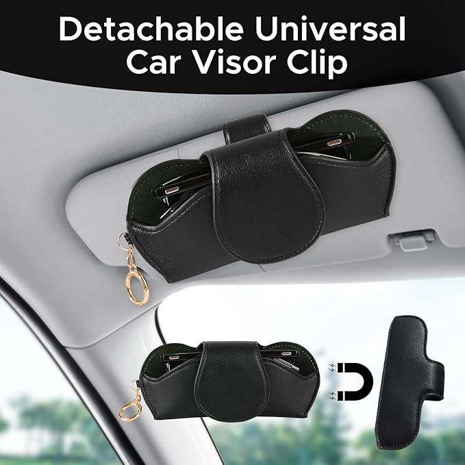 KINIVA Sunglasses Holder for Car Visor with Hanging Hook Portable Leather Glasses Storage Bag with Detachable Clips