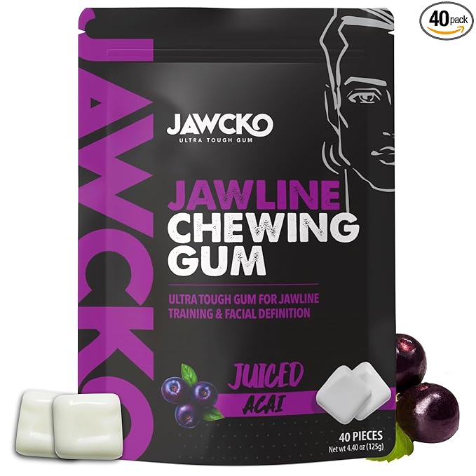 JAWCKO Ultra-tough Jawline Chewing Gum | Get a Stronger, Squarer Jawline | Juiced Acai Jaw Training Hard Gum | Chisel, Sculpt, Tone your Jaw | 15X Hardness | Facial Fitness Mewing Gum | 40 Pieces/Pack