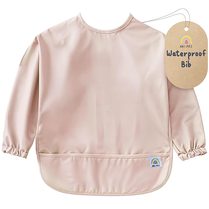 ARI MES Long Sleeves Waterproof Baby Bibs for Eating - Pink, Small - Wearable, Coverall for Toddler, Long Sleeve Bib, Smock Apron for Feeding - Applicable for 6-72 Months