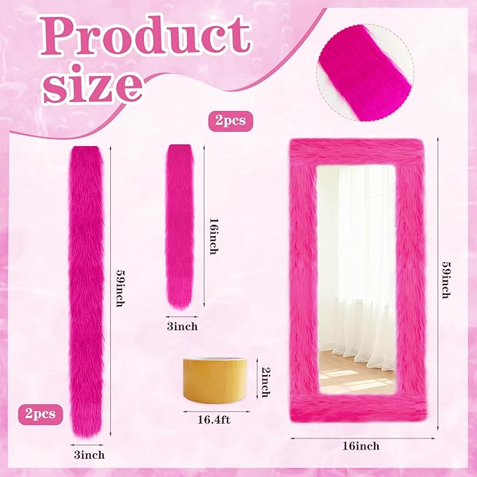 Fluffy Full Length Mirror Cover Universal Ultra Soft Non-Slip Border with Adhesive Tape Pink Fuzzy Frame Decor for Standing Mirror Bedroom Cloakroom Home Decor Women Gifts (vibrant pink, 59x16 inches)