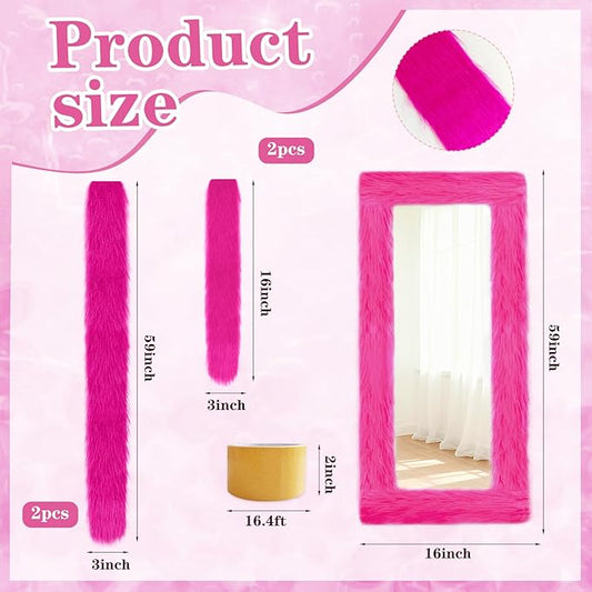 Fluffy Full Length Mirror Cover Universal Ultra Soft Non-Slip Border with Adhesive Tape Pink Fuzzy Frame Decor for Standing Mirror Bedroom Cloakroom Home Decor Women Gifts (vibrant pink, 59x16 inches)
