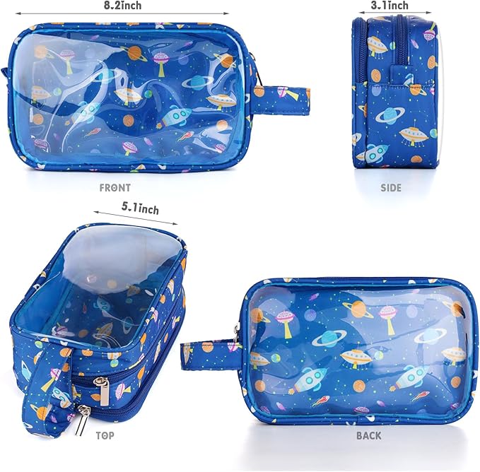 Space Kids Toiletry Bag for Boys, Travel Clear Toiletry Bag for Little Young Boys Waterproof Hanging Wash Bag Toddler Traveling Toiletries, Navy Blue