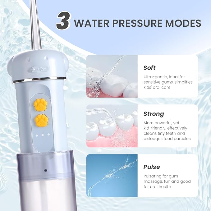 Kids Water Dental Flosser, Portable Water Flosser for Teeth 150ML Rechargeable Oral Irrigator with 3 Modes & 4 Nozzles, IPX5 Waterproof for Home and Travel