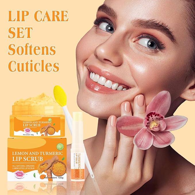 3PCS Turmeric Lip scrub 100g and Turmeric Lip Balm, Lip Scrubber Exfoliator Brush Set, Dark Lips Treatment for Smokers, Natural Exfoliator & Moisturizer Cracked, Dull, Reduce Fine Lines Lips