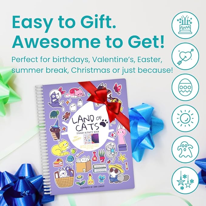 Land of Cats Sticker + Coloring Book (300+ Cat Stickers for Kids & 8 Scenes) by Cupkin, Side by Side Activity Book Design, Cat Sticker Books Kids Ages 4-8, Also Great for Older Boys & Girls