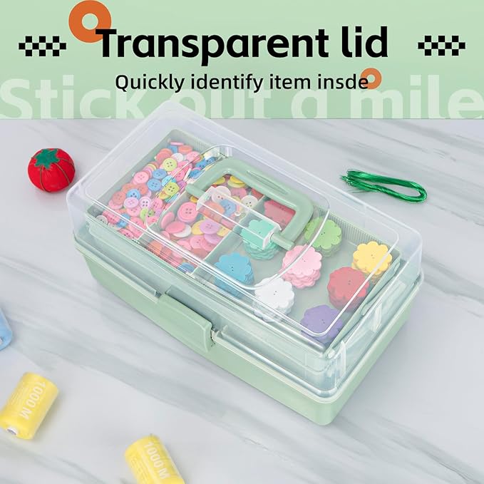 12.5in 3-Layer Multipurpose Craft Organizers and Storage with Adjustable Dividers, Portable Tackle Box, Folding Art & Craft Case for Medicine, Tool, Sewing Organizer (Haze Green)