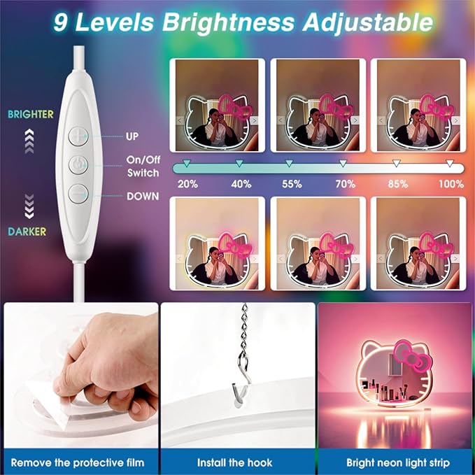 GALLIA Anime Hello Kit Mirror Vanity, Neon Mirror with Dimmable LED Lights, Perfect for Teen Girl Gift, Room Decor, 14.6" x 12.2"