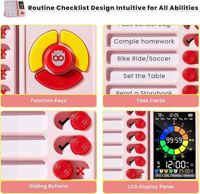 ADHD Tool for Kids, 5-in-1 Visual Timer with Chore Chart Board, Visual Schedule for Kids, 12/24 Task Timer with 99'59'' Countdown/Countup, 5 Alarms, Silent Operation Visual Schedule for Autism - Pink