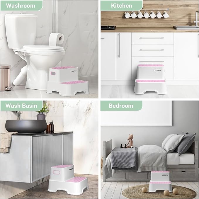 COOSEYA 2 Step Stools for Kids,Toddler Step Stool for Bathroom Sink,No-Slip Double up Stepping for Toddlers Bathroom, Multifunctional Toilet Potty Stool for Kids,Toilet Potty Training(2 Packs)（Pink）