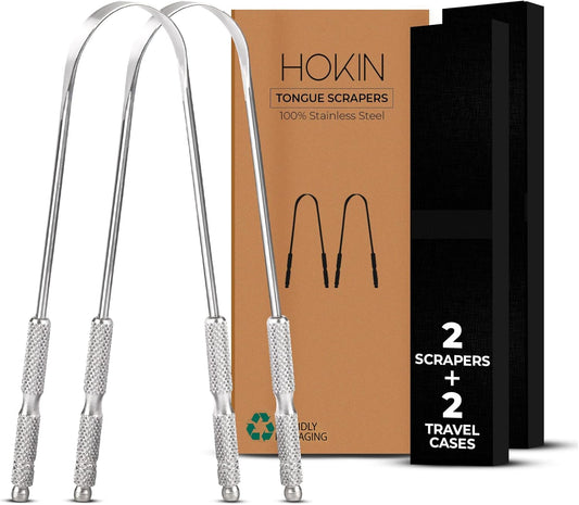 Tongue Scraper for Adults by HOKIN (2Pcs Oral Care Pack) Stainless Steel Tongue Cleaners Reduce Bad Breath 100% Metal Tough Scrapers Men and Women Hygiene Product