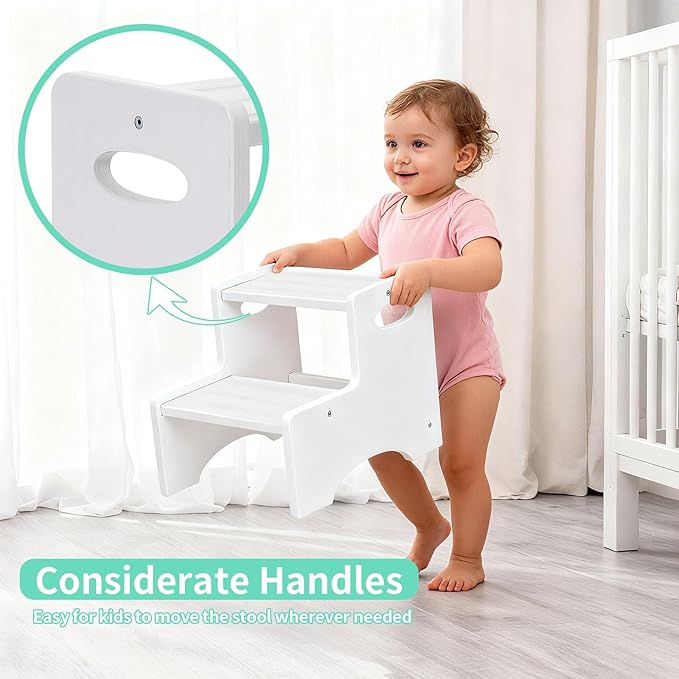 Wooden Toddler Step Stool for Kids, Two Step Stool with Non-Slip Pads & Handles, Potty Training Stool for Bathroom Sink, Toilet, Kitchen, Bedroom (White)