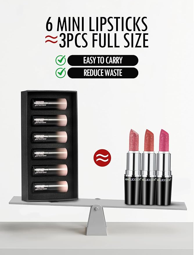 Anglicolor 6PC Mini Glitter Lipstick Set,High Pigmented,Lightweight Smooth Moisturizing Formula,Glossy Shine,Travel Size,Metallic Shimmer Lipstick Gift Sets For Women Girls Makeup kit
