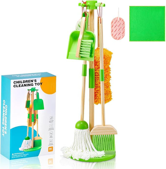 WHOHOLL Wooden Kids Cleaning Set Toddler Broom Set for Housekeeping 8 Pcs Broom and Mop Set for Toddlers 3-5, Baby Cleaning Toys with Dustpan Sponge, Christmas Birthday Gifts for Boys Girls (Green)