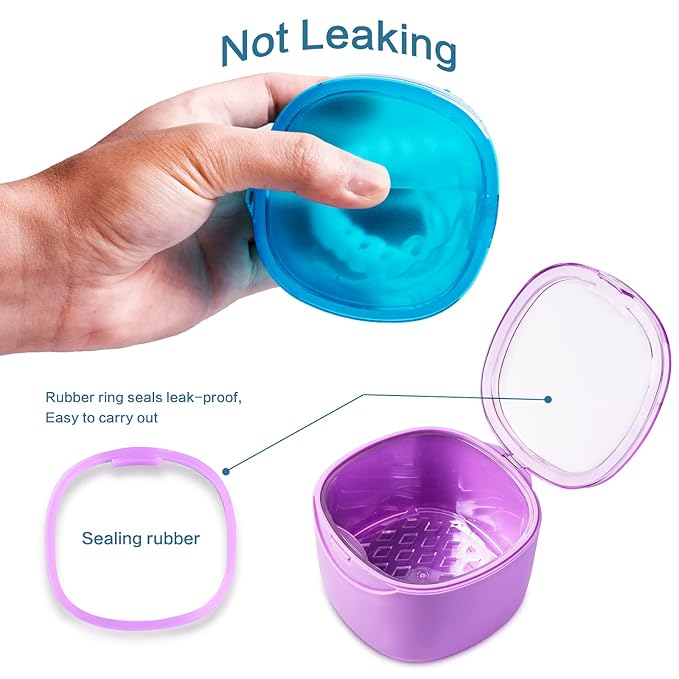 Upgraded Denture Bath Box Cup, No-Leak Denture case, Retainer Cleaning Box, Complete Clean Care for Dentures, Clear Braces, Mouth Guard, Night Guard & Retainers (purple)