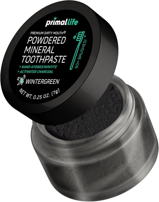 Primal Life Organics - Dirty Mouth Toothpowder, Activated Charcoal Tooth Cleaning Powder, Essential Oils Natural Kaolin Bentonite Clay, 60+ Brushings, Organic Vegan (Charcoal Wintergreen, 0.25 oz)