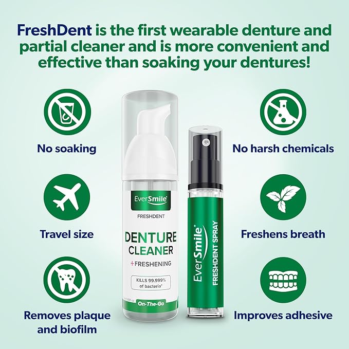 EverSmile FreshDent Denture and Partial Denture Cleaner + Teeth Whitening Spray and Foam– Travel Size Alternative to Cleaning Tablets That Eliminates Bacteria and Fights Bad Breath – 50ml + 10ml (4pk)