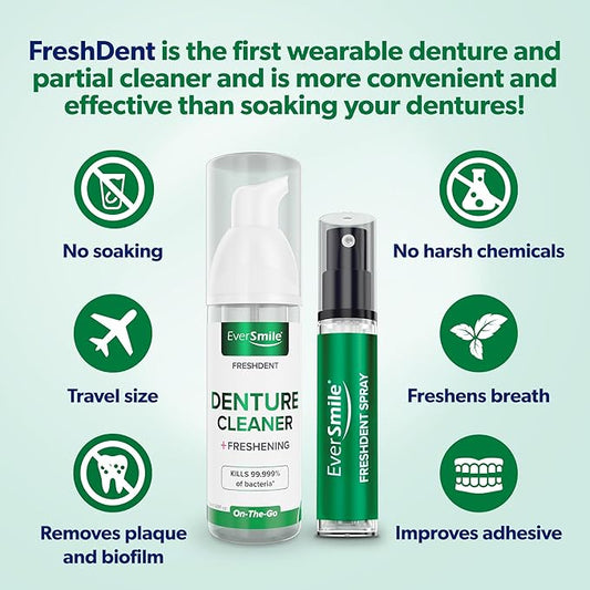 EverSmile FreshDent Denture and Partial Denture Cleaner + Teeth Whitening Spray and Foam– Travel Size Alternative to Cleaning Tablets That Eliminates Bacteria and Fights Bad Breath – 50ml + 10ml (4pk)