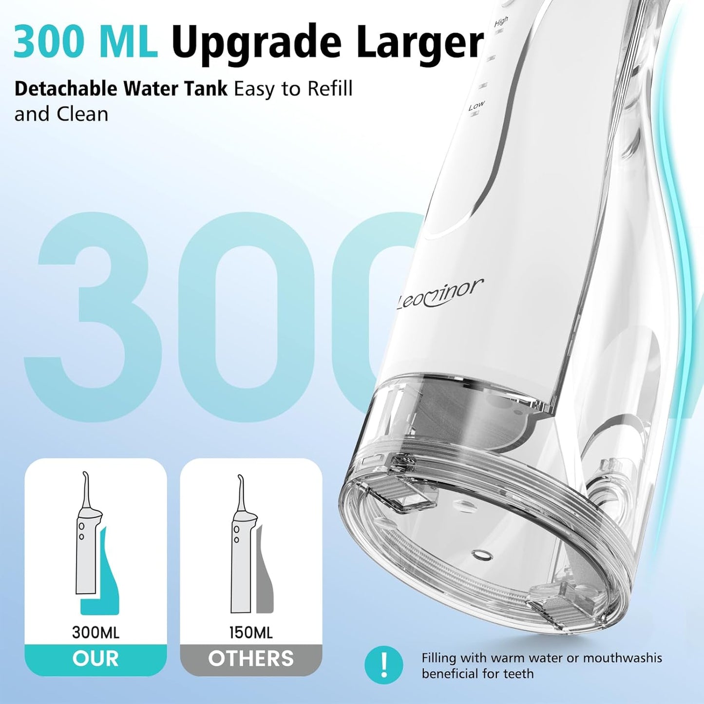 Leominor Water Dental Flosser Pick for Teeth, 300ML Portable Oral Irrigator Upgraded Tank Removable,IPX7 Waterproof, Rechargeable Travel Teeth Cleaner, Professional Electric Flossing (White)