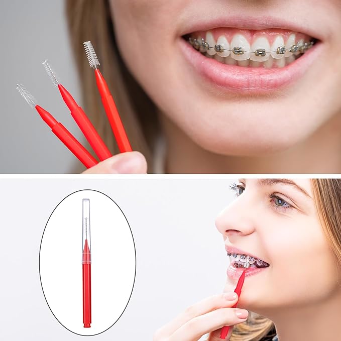 Patelai 100 Pieces Braces Brush for Cleaner Interdental Brush Toothpick Dental Tooth Flossing Head Oral Dental Hygiene Flosser Toothpick Cleaners Tooth Cleaning Tool(Red,Suitable Size)