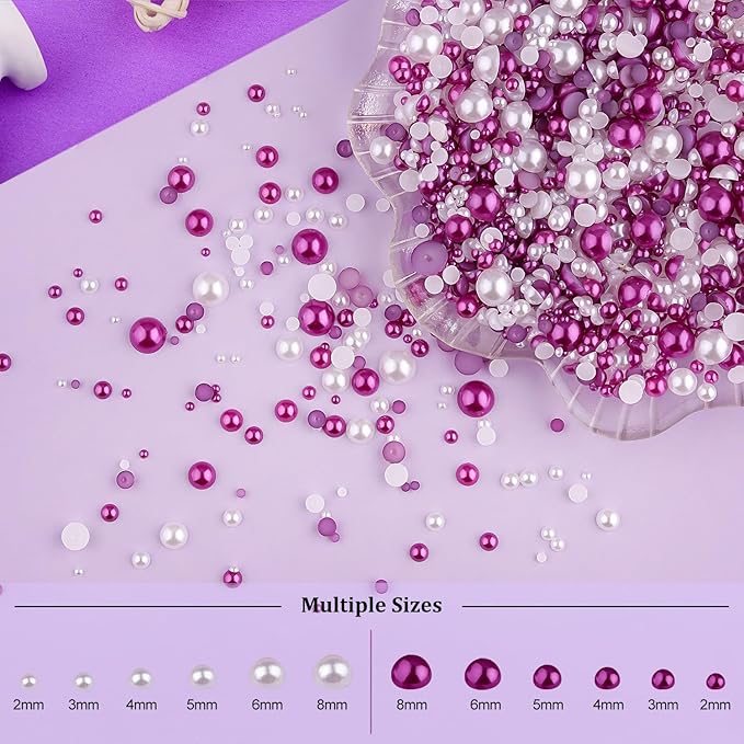 2 Boxes Flat Back Pearls Kit 3 Flatback White&Dark Purple Half Round Pearls 2-8mm with Pickup Pencil and Tweezer for Home DIY and Face Makeup and Craft