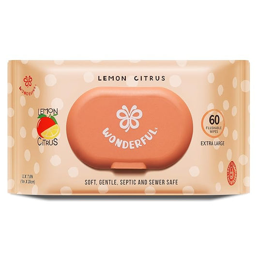WONDERFUL Flushable Butt Wipes, Lemon Citrus 100% Plant-Based Wet Wipes for Adults & Kids; Sewer, Septic Safe; Gentle for Sensitive Skin, Wipes Flushable Pack for Bathroom & Travel, 1-Pack (60 Wipes)