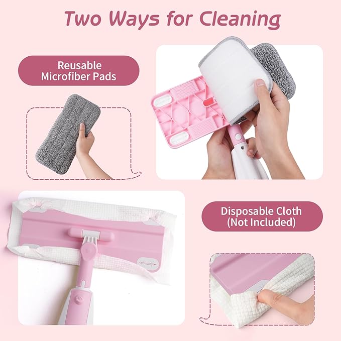 Hilsoeet Kids Spray Mop Pink, Real Working Water-Spraying Toy, Montessori Mini Mop with 2 Microfiber Washable Pads, Toddler Cleaning Set for Floor, Christmas Birthday Gifts for Age 3 4 5 6 7 8