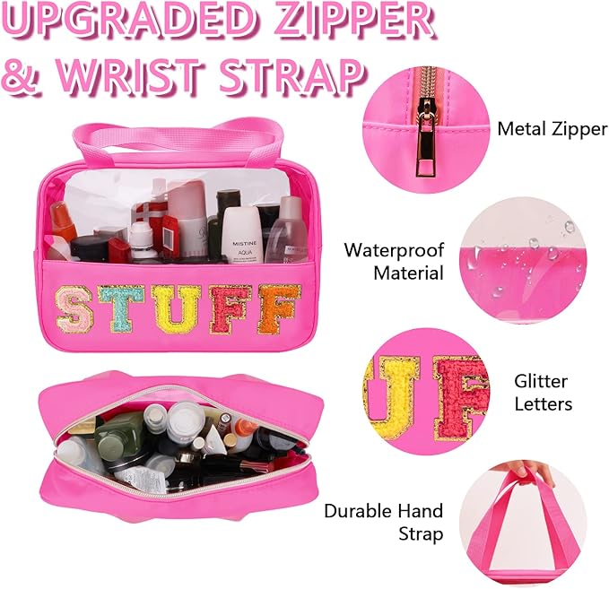 Chenille Letter Patch Stuff Bag, Preppy Clear Makeup Cosmetic Bag Large Toiletry Storage Tote Bag with Handle, Transparent Nylon Waterproof Organizer Zipper Pouch for Travel Women Girls(Rosered)