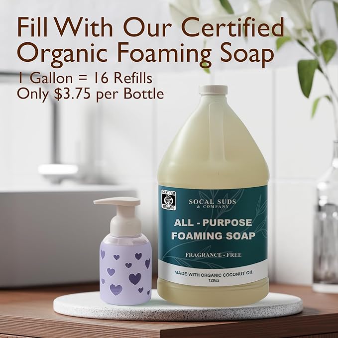 SoCal Suds & Company Glass Foaming Hand Soap Dispenser, Heart Silicone Sleeve, Refillable Pump Bottle for Kids, Baby Wash & Shampoo, Ideal for Home Use, Soft Purple 8oz