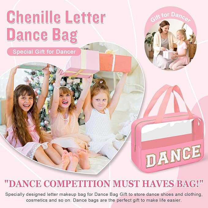 Dance Bag for Girls Chenille Letter Clear Makeup DANCE Stuff Shoe Bag,Toddler Dance Recital Gifts Ballet Cosmetic Zipper with Handle,Dance Competition Accessories Toiletry Storage Women(DANCE-Pink)