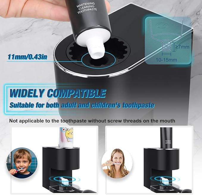 Automatic Toothpaste Dispenser Wall Mounted: Black Electric 6 Adjustable Levels Auto Toothpaste Squeezer Smart Rechargeable Touchless for Kids Adults - Bathroom - Replaceable Parts