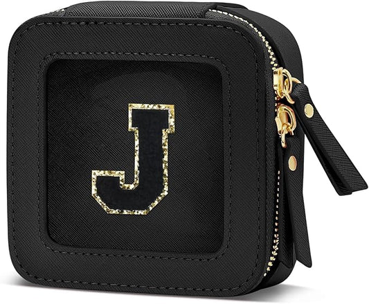 Initial Travel Toiletry Bag - Cosmetic Bags for Girls with Zipper, Clear & Potable Girls Makeup Bag for Travel, Small Cosmetic Pouch Perfect Gifts for Graduation (Black, J)