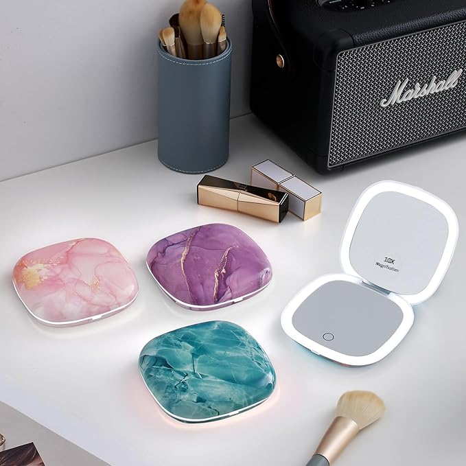 Mocado Compact LED Travel Makeup Mirror - 4 Inches 1X/10X Magnification Travel Mirror with Light Dimmable Double Sides Lighted USB Rechargeable Compact Mirror for Purse,Pocket,Travel(Pink Marble)