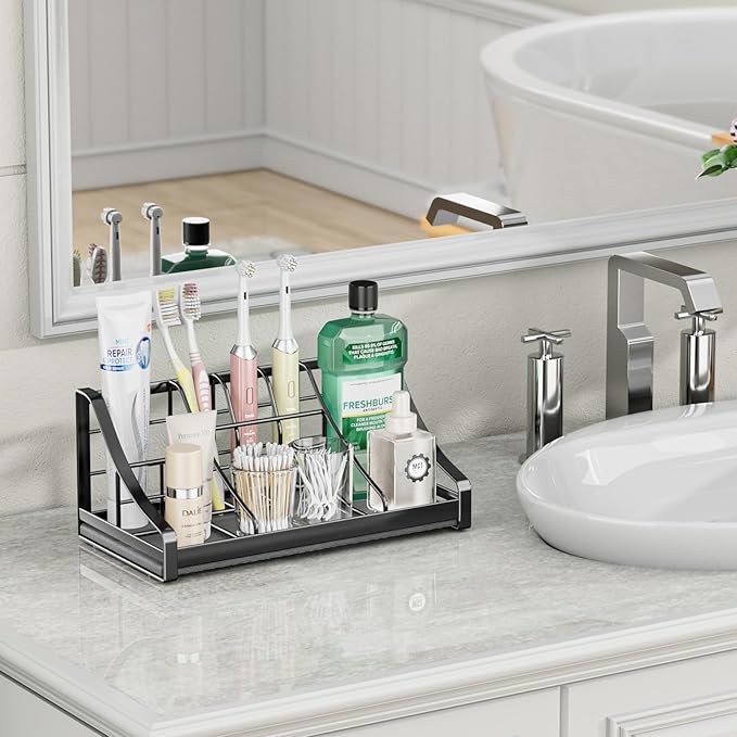 Toothbrush Holder Instant-Dry Organizer - Bathroom Countertop Organizer Kids Electric Toothbrush Toothpaste Holders - 7 Slots Bathroom Sink Accessories Storage Tooth Brush Counter Organization, Black
