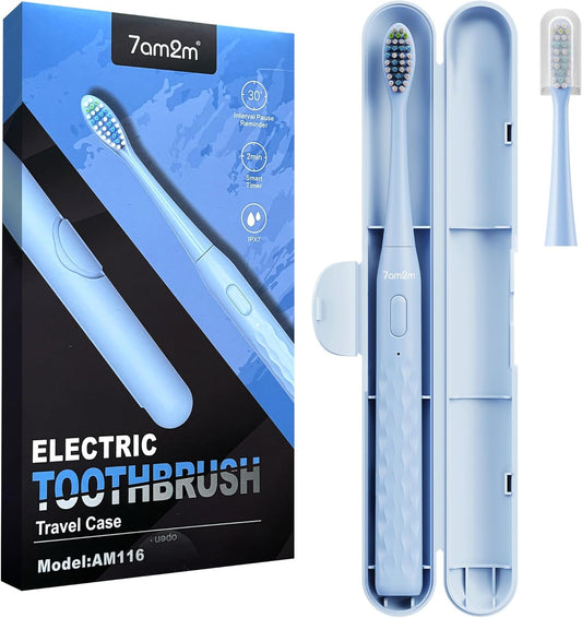 7AM2M Sonic Electric Toothbrush for Adults & Kids, with Travel Case&2 Brush Heads, 1 Charge for 90 Days, Type-C Rechargeable Sonic Toothbrush, Compact Design for Daily/Travel Use - Sky