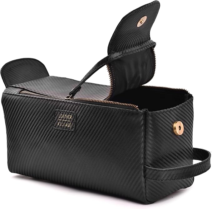 LEATHER VILLAGE Premium Carbon Fiber Genuine Leather Travel Toiletry Bag - Large Compact Dopp Kit, Water-Resistance Shaving & Cosmetic Organizer for Men & Women - Black