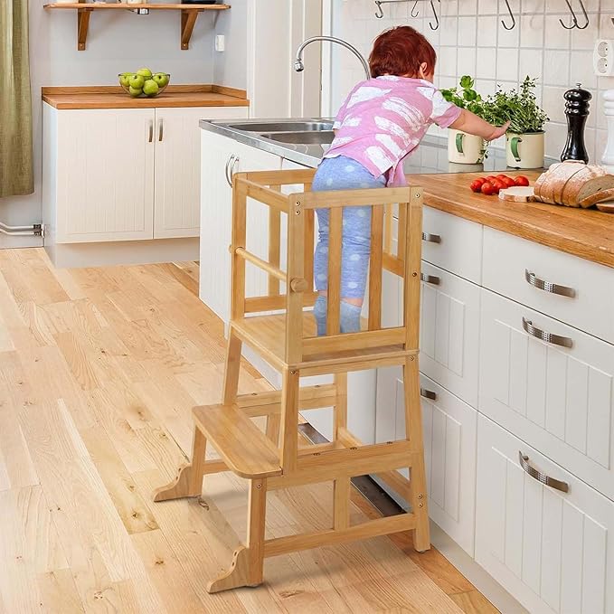 COSYLAND Kids Kitchen Step Stool，Toddler Standing Tower with CPC Certification, Removable Anti-Drop Railing Safety Rail Unique Patented Design Anti-tip Structure More Stable, 1.5-3 yrs Natural Bamboo