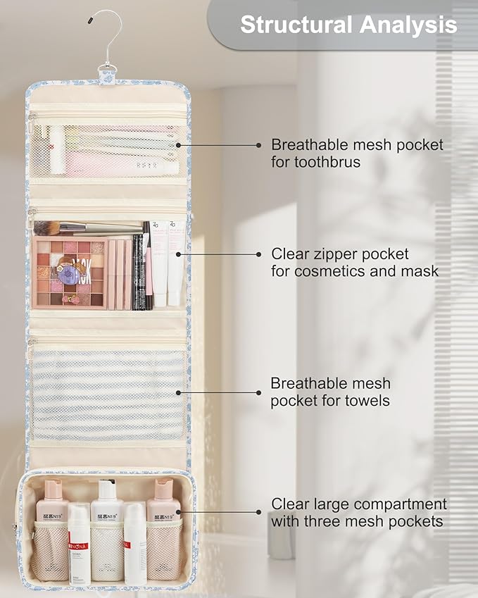 Hanging Toiletry Bag, Travel Toiletries Bag with Hanging Hook, Water Resistant Makeup Cosmetic Organizer for Full Sized Container, Shampoo, Portable Wash Bag for Travel Size Essentials - Blue Flower