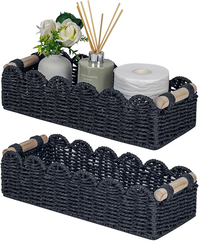 CubesLand Scalloped Edge Decor Basket for Living Room, Home, Bathroom, 2SAME SIZE Paper Rope Baskets, Toilet Storage Baskets for Over Toilet Storage Shelf, Cozy Woven Basket Both Storage&Decor, Black