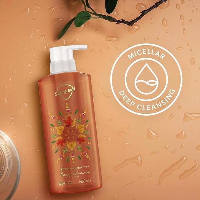 Safeguard Liquid Hand Soap, Micellar Deep Cleansing, Washes Away 99% Bacteria, Made with Natural Moisturizers, Enriched with Skin Conditioners, PH Balanced, Cozy Almond Scent 15.5 oz (Pack of 4)