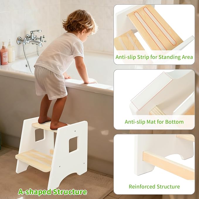 WOOD CITY Toddler Step Stool-Wooden 2 Step Stools for Bathroom Sink Potty Training Kitchen Stool Helper for Kids Bonus Non-Slip Pads and Handles for Safety White